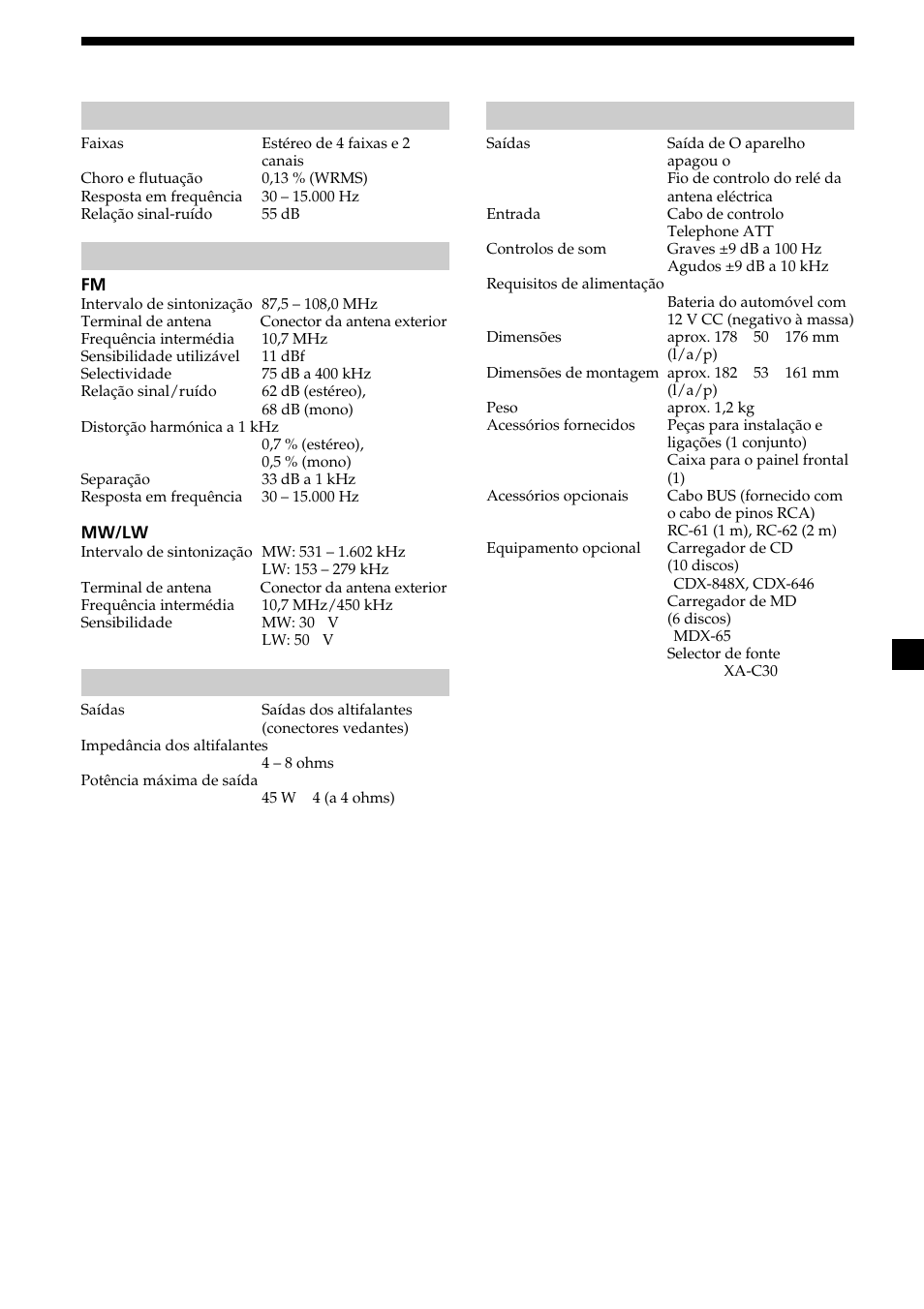 Especificações, Secção do leitor de cassetes, Secção do sintonizador | Secção do amplificador de potência, Geral | Sony XR-L200 User Manual | Page 87 / 112