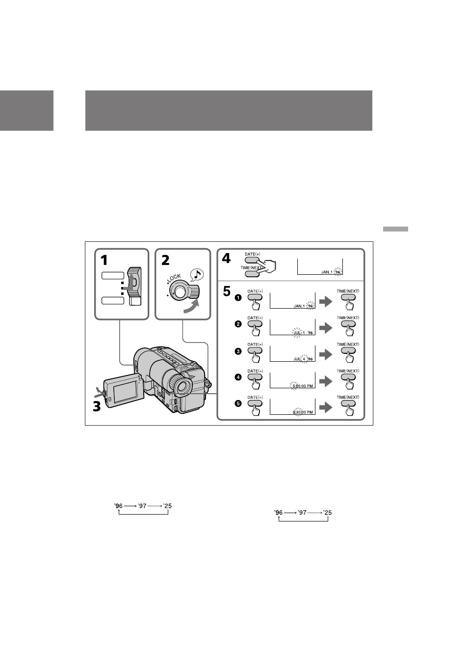 Resetting the date and time, Reajuste de la fecha y la hora | Sony CCD-TRV21 User Manual | Page 43 / 72