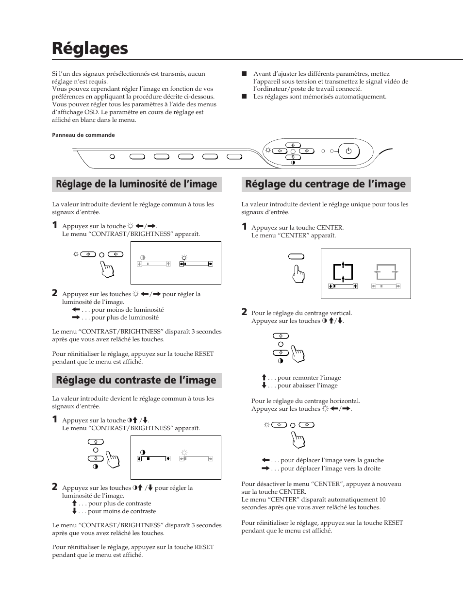 Réglages, Réglage du centrage de l’image, Réglage du contraste de l’image | Réglage de la luminosité de l’image | Sony CPD-20SF2T5 User Manual | Page 14 / 48