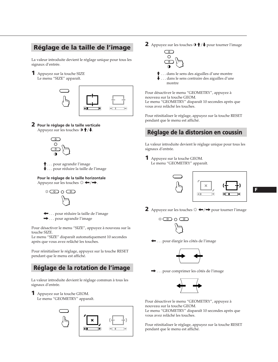 Réglage de la distorsion en coussin, Réglage de la rotation de l’image, Réglage de la taille de l’image | Sony CPD-20SF2T5 User Manual | Page 15 / 48