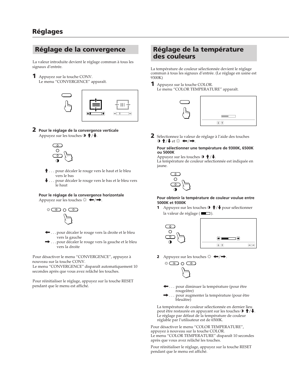 Réglage de la température des couleurs, Réglage de la convergence, Réglages | Sony CPD-20SF2T5 User Manual | Page 16 / 48