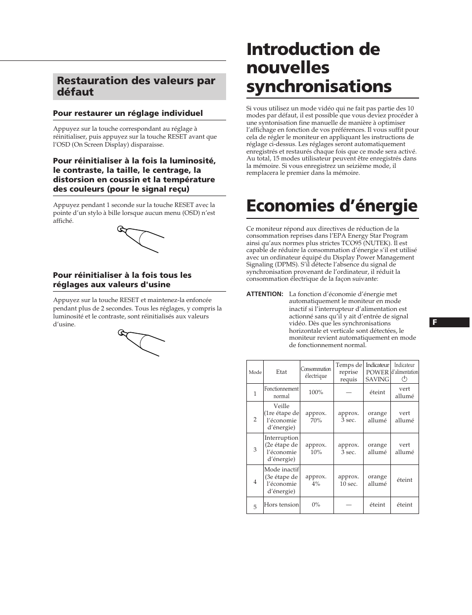 Economies d’énergie, Introduction de nouvelles synchronisations, Restauration des valeurs par défaut | Sony CPD-20SF2T5 User Manual | Page 17 / 48