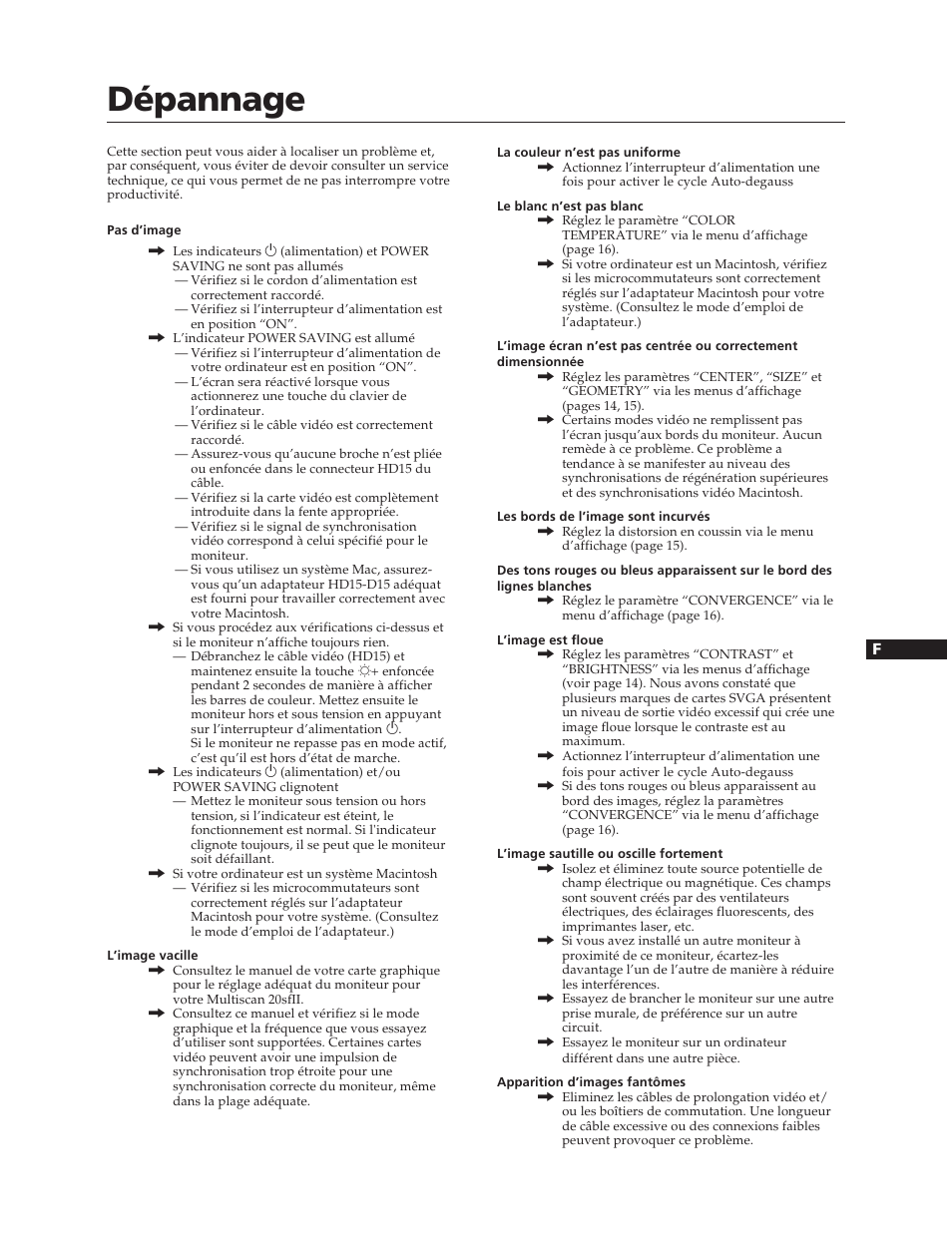 Dépannage | Sony CPD-20SF2T5 User Manual | Page 19 / 48