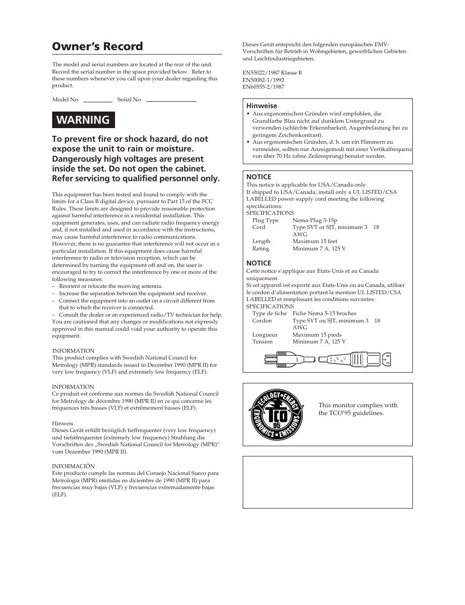 Owner’s record, Warning | Sony CPD-20SF2T5 User Manual | Page 2 / 48