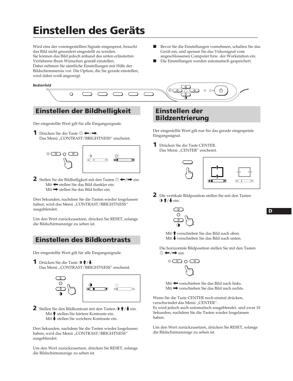 Einstellen des geräts, Einstellen der bildzentrierung, Einstellen des bildkontrasts | Einstellen der bildhelligkeit | Sony CPD-20SF2T5 User Manual | Page 23 / 48