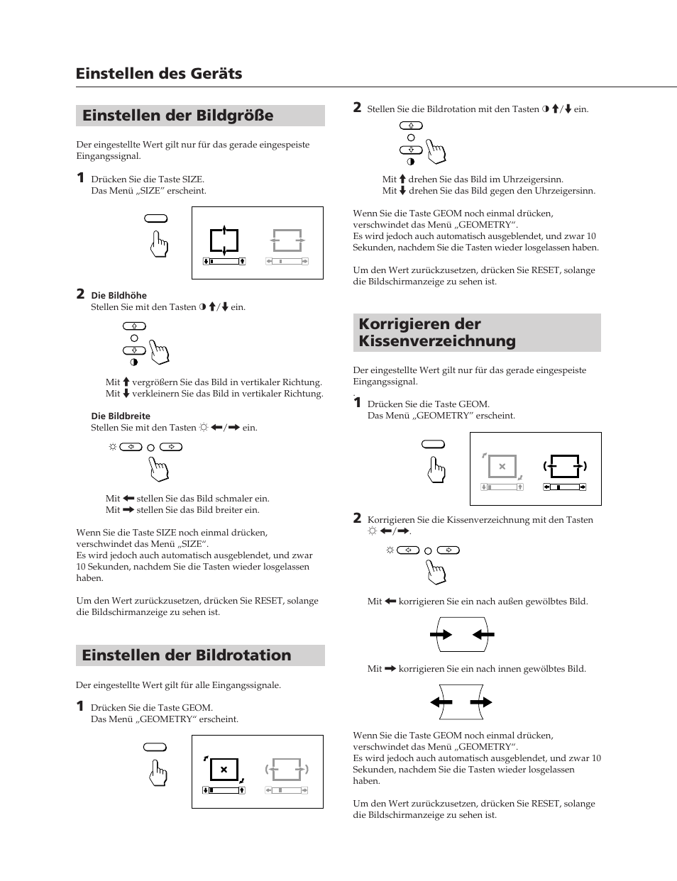 Korrigieren der kissenverzeichnung, Einstellen der bildgröße, Einstellen des geräts einstellen der bildrotation | Sony CPD-20SF2T5 User Manual | Page 24 / 48