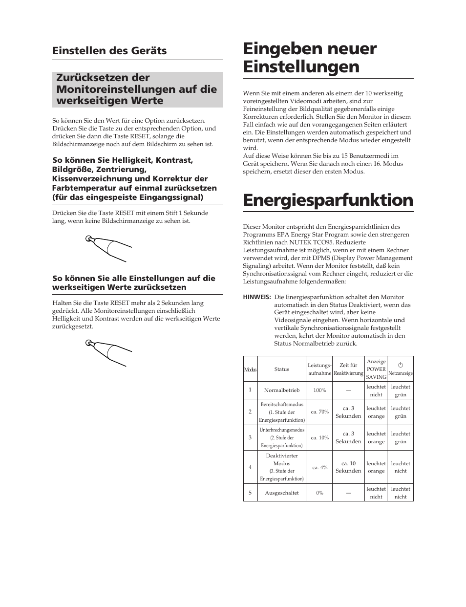 Eingeben neuer einstellungen, Energiesparfunktion, Einstellen des geräts | Sony CPD-20SF2T5 User Manual | Page 26 / 48