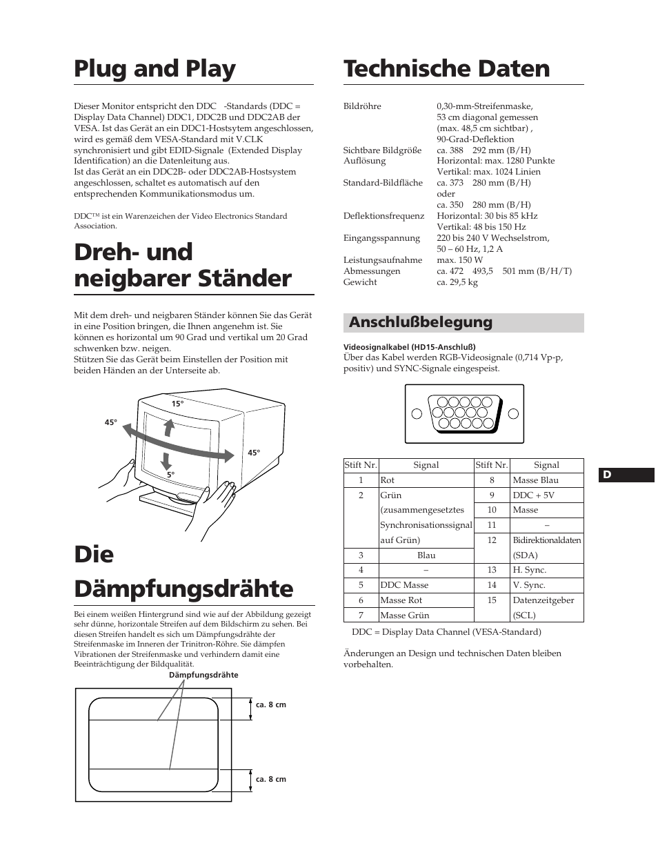 Technische daten plug and play, Dreh- und neigbarer ständer, Die dämpfungsdrähte | Anschlußbelegung | Sony CPD-20SF2T5 User Manual | Page 27 / 48