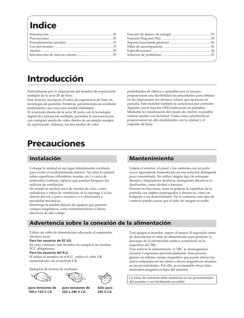 Indice, Introducción, Precauciones | Mantenimiento, Advertencia sobre la conexión de la alimentación, Instalación | Sony CPD-20SF2T5 User Manual | Page 30 / 48