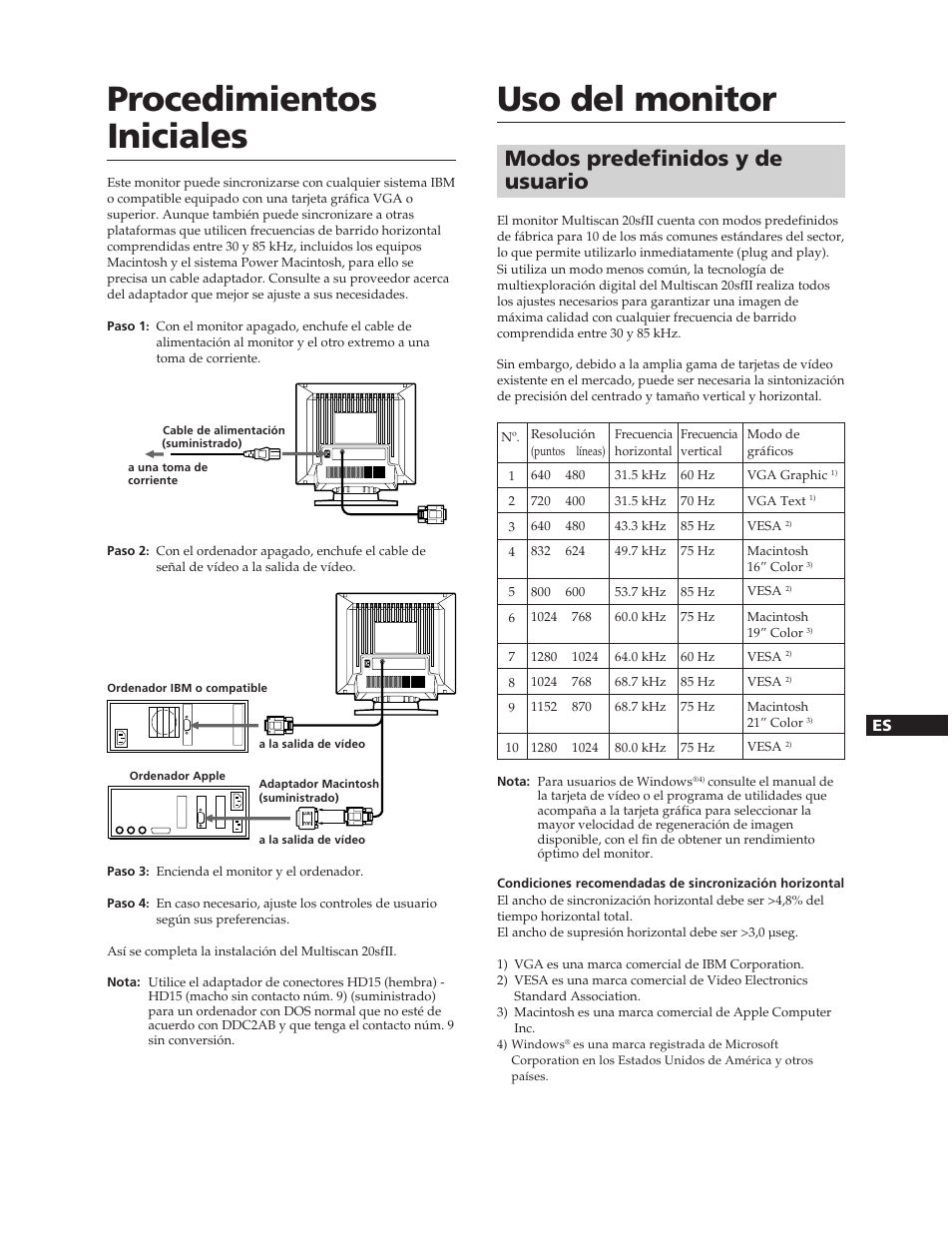 Procedimientos iniciales, Uso del monitor, Modos predefinidos y de usuario | Sony CPD-20SF2T5 User Manual | Page 31 / 48