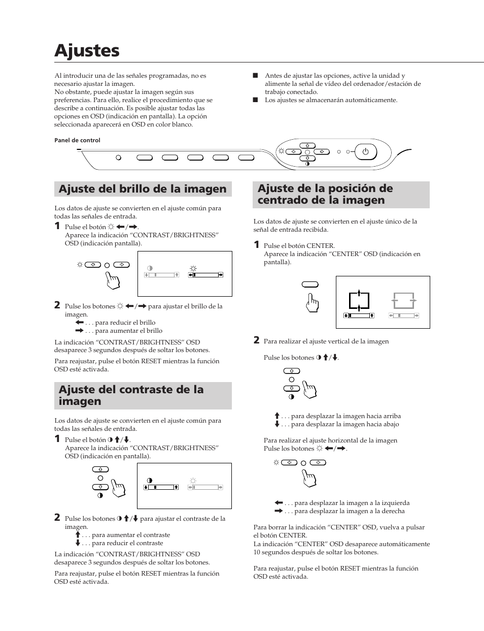 Ajustes, Ajuste de la posición de centrado de la imagen, Ajuste del contraste de la imagen | Ajuste del brillo de la imagen | Sony CPD-20SF2T5 User Manual | Page 32 / 48