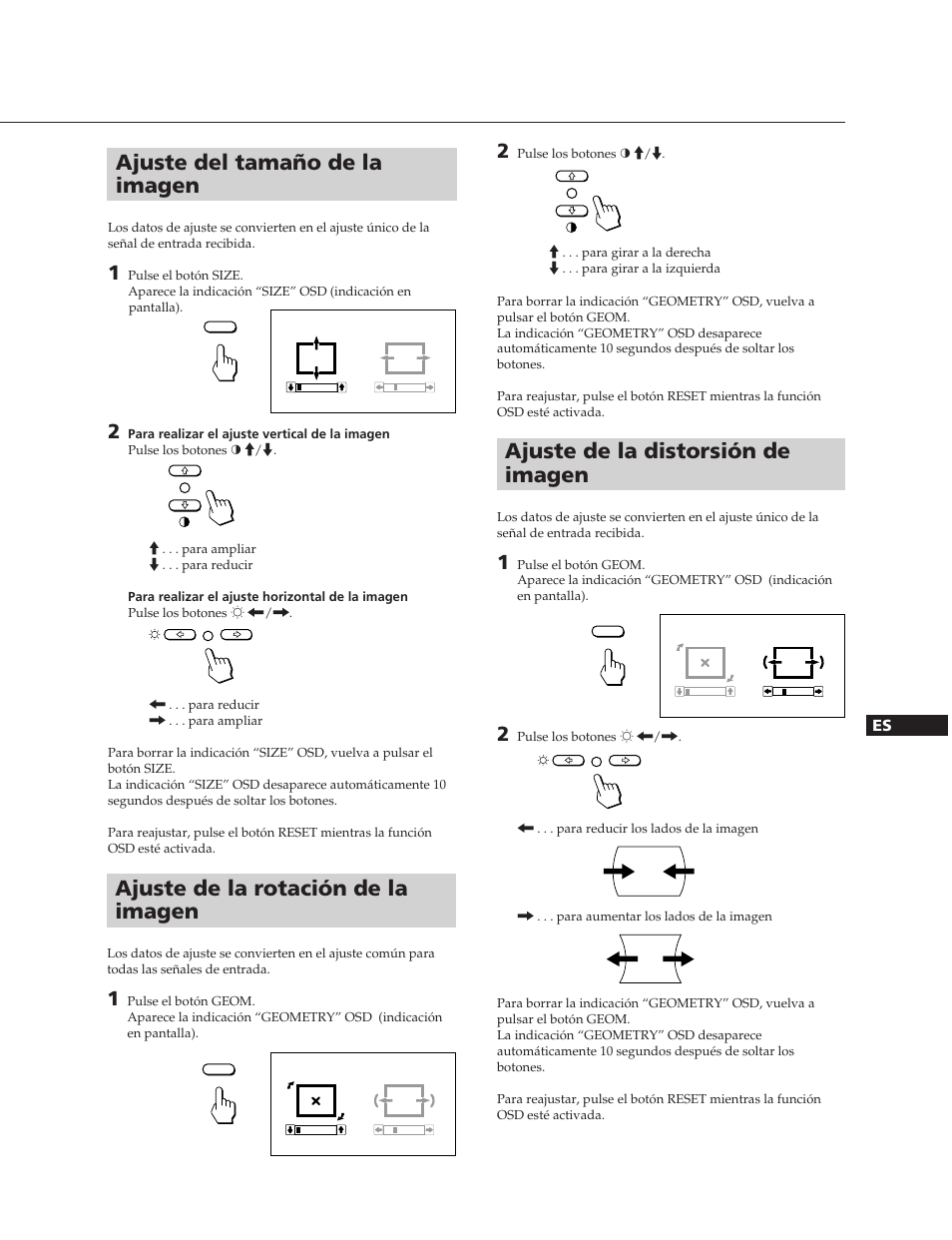 Ajuste de la distorsión de imagen, Ajuste del tamaño de la imagen, Ajuste de la rotación de la imagen | Sony CPD-20SF2T5 User Manual | Page 33 / 48