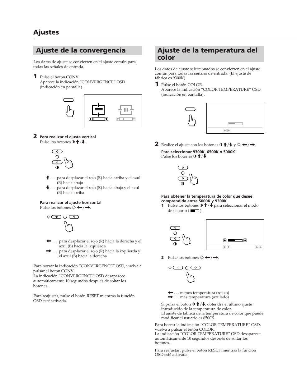 Ajuste de la temperatura del color, Ajuste de la convergencia, Ajustes | Sony CPD-20SF2T5 User Manual | Page 34 / 48
