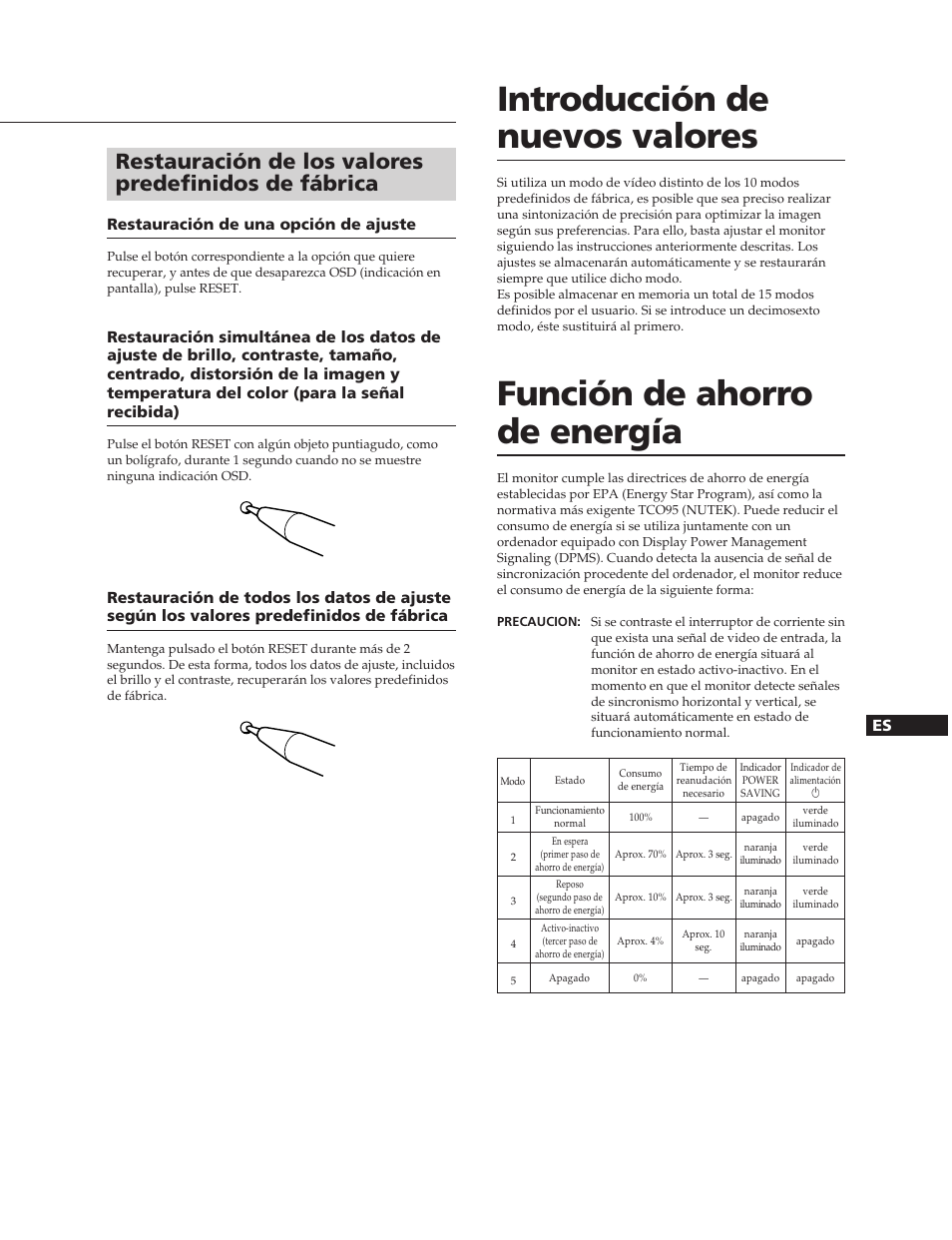 Introducción de nuevos valores, Función de ahorro de energía | Sony CPD-20SF2T5 User Manual | Page 35 / 48