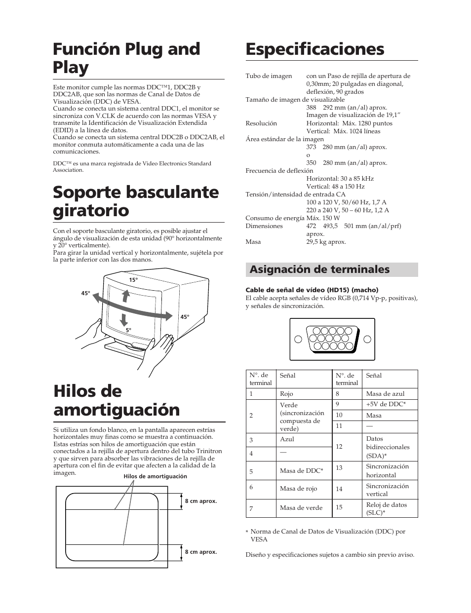 Especificaciones función plug and play, Soporte basculante giratorio, Hilos de amortiguación | Asignación de terminales | Sony CPD-20SF2T5 User Manual | Page 36 / 48