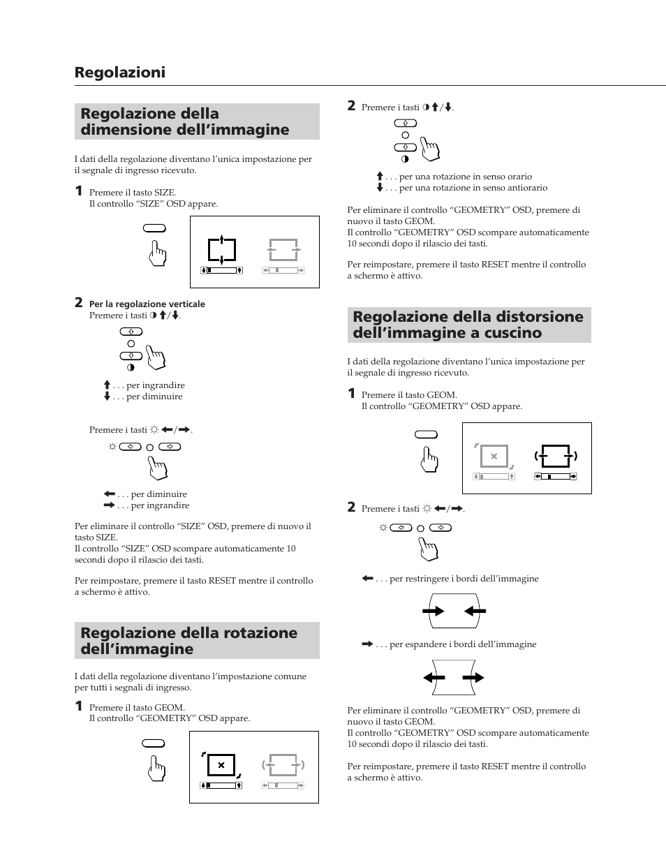 Regolazione della rotazione dell’immagine, Regolazione della dimensione dell’immagine, Regolazioni | Sony CPD-20SF2T5 User Manual | Page 42 / 48