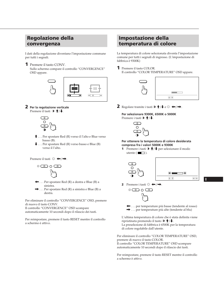 Impostazione della temperatura di colore, Regolazione della convergenza | Sony CPD-20SF2T5 User Manual | Page 43 / 48