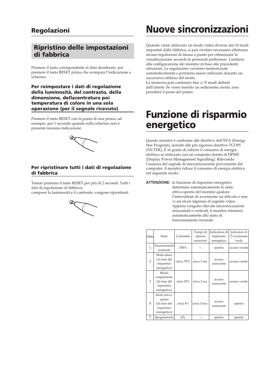 Ripristino delle impostazioni di fabbrica, Regolazioni | Sony CPD-20SF2T5 User Manual | Page 44 / 48