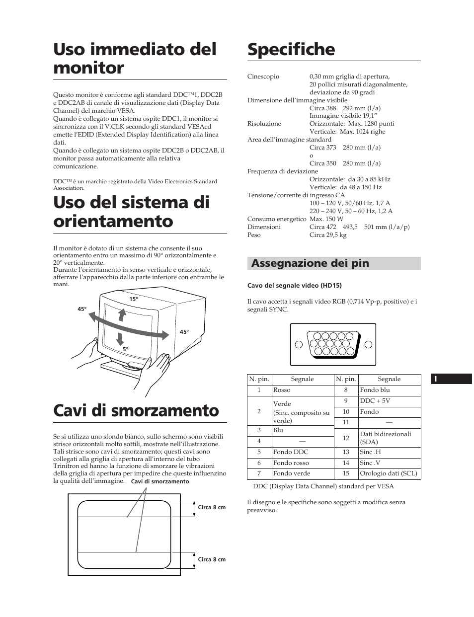 Specifiche uso immediato del monitor, Uso del sistema di orientamento, Cavi di smorzamento | Assegnazione dei pin | Sony CPD-20SF2T5 User Manual | Page 45 / 48