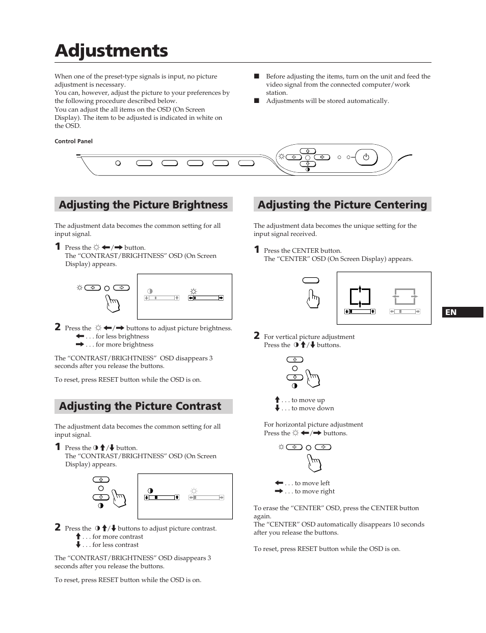 Adjustments, Adjusting the picture centering, Adjusting the picture contrast | Adjusting the picture brightness | Sony CPD-20SF2T5 User Manual | Page 5 / 48