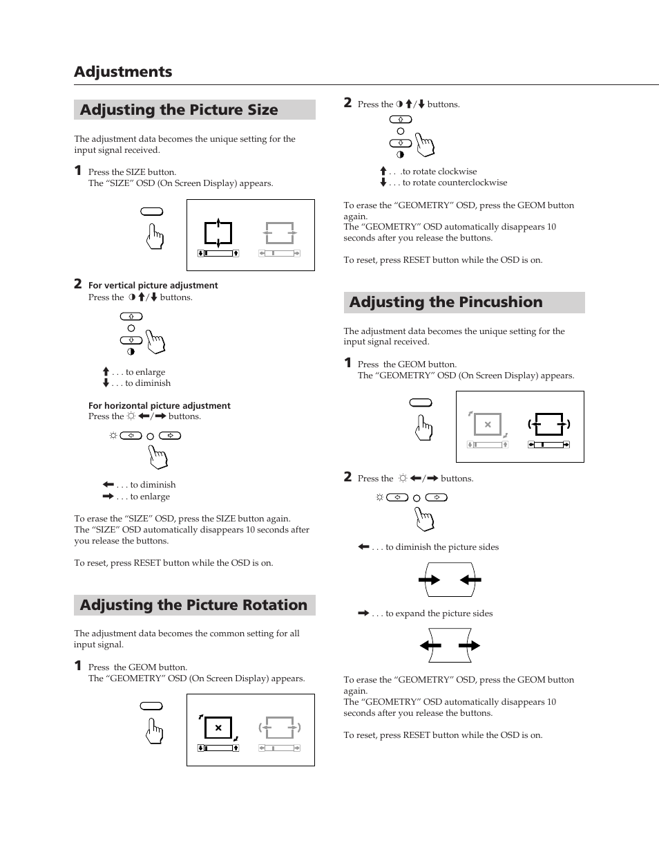 Adjusting the pincushion, Adjusting the picture size, Adjustments adjusting the picture rotation | Sony CPD-20SF2T5 User Manual | Page 6 / 48