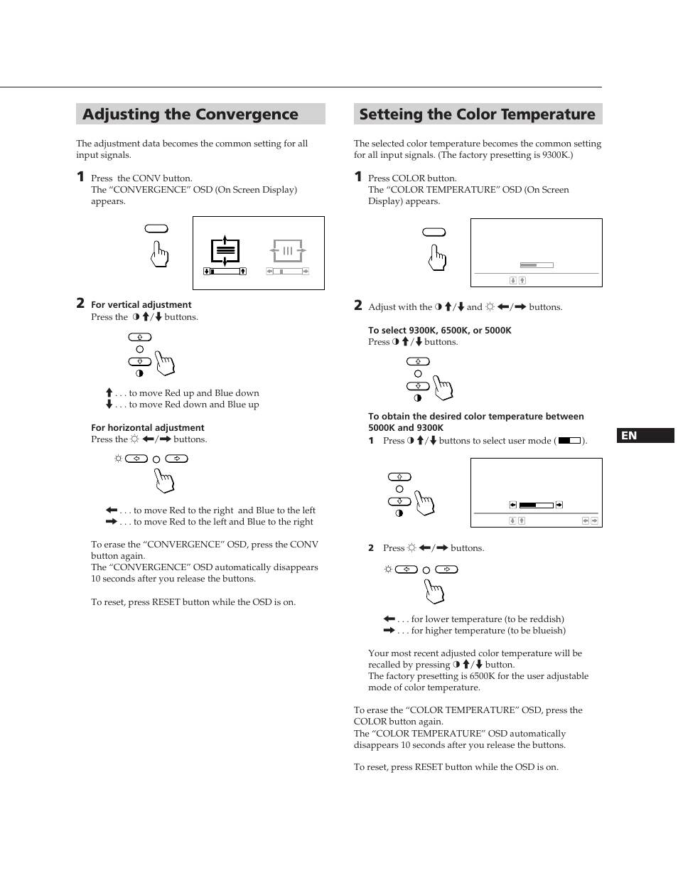 Setteing the color temperature, Adjusting the convergence | Sony CPD-20SF2T5 User Manual | Page 7 / 48