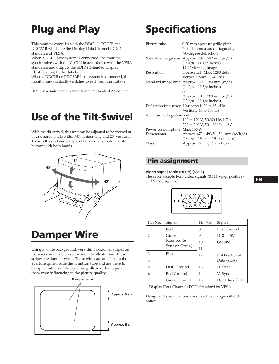 Plug and play, Use of the tilt-swivel, Damper wire | Specifications, Pin assignment | Sony CPD-20SF2T5 User Manual | Page 9 / 48