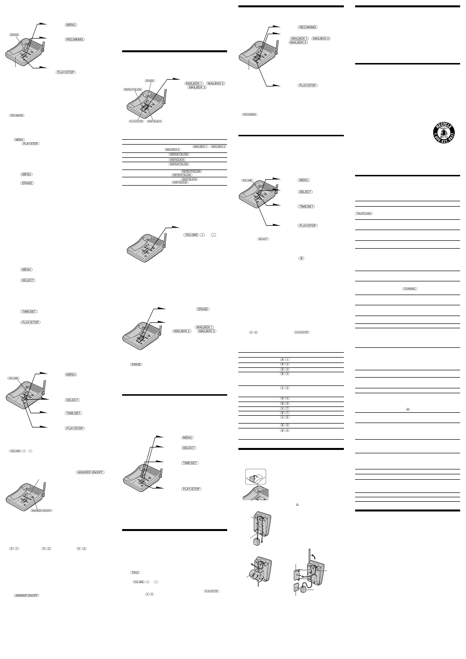 Operating from an outside phone, Mounting the base unit on the wall, Playing back messages | Selecting the announcement only mode, Screening calls, Maintenance, Troubleshooting, Specification | Sony SPP-A1050 User Manual | Page 2 / 2