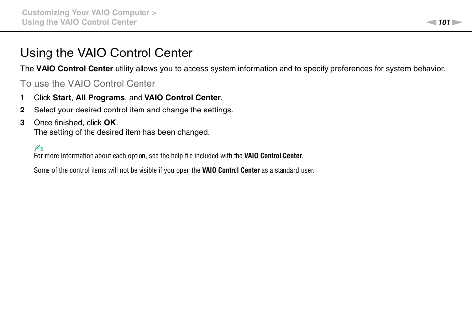 Using the vaio control center | Sony VAIO VPCCW1 Series User Manual | Page 101 / 168