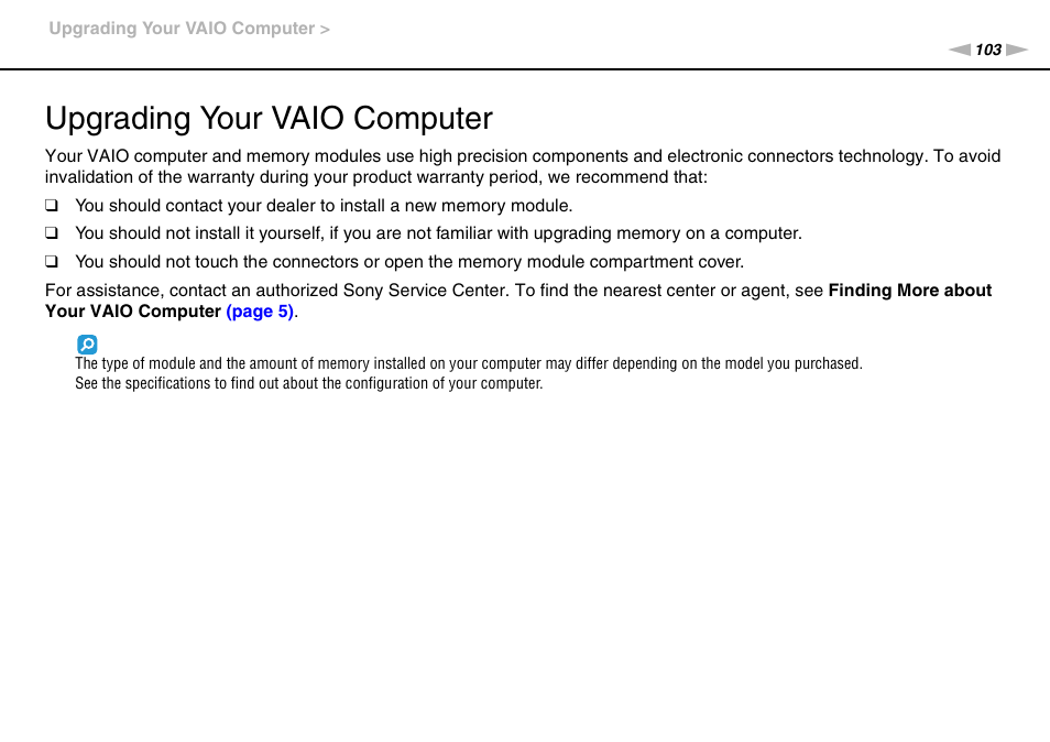 Upgrading your vaio computer | Sony VAIO VPCCW1 Series User Manual | Page 103 / 168