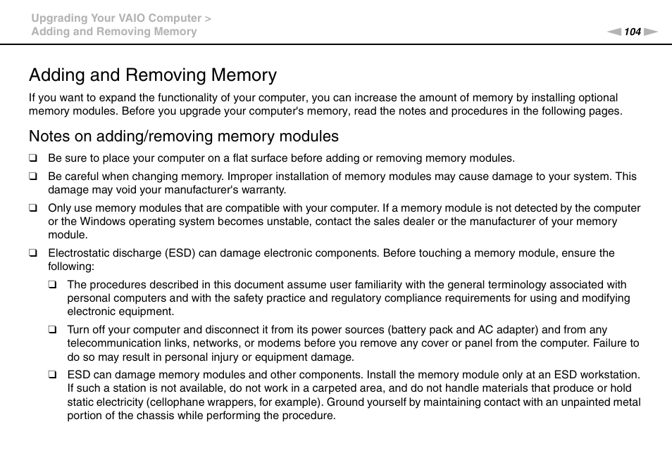 Adding and removing memory | Sony VAIO VPCCW1 Series User Manual | Page 104 / 168