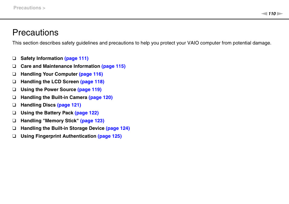 Precautions | Sony VAIO VPCCW1 Series User Manual | Page 110 / 168