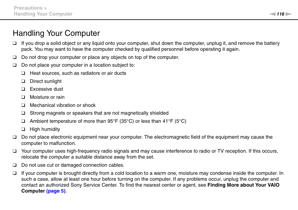 Handling your computer | Sony VAIO VPCCW1 Series User Manual | Page 116 / 168