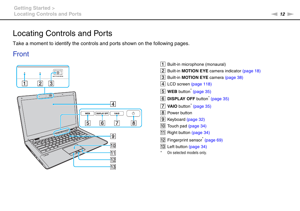 Locating controls and ports, Front | Sony VAIO VPCCW1 Series User Manual | Page 12 / 168