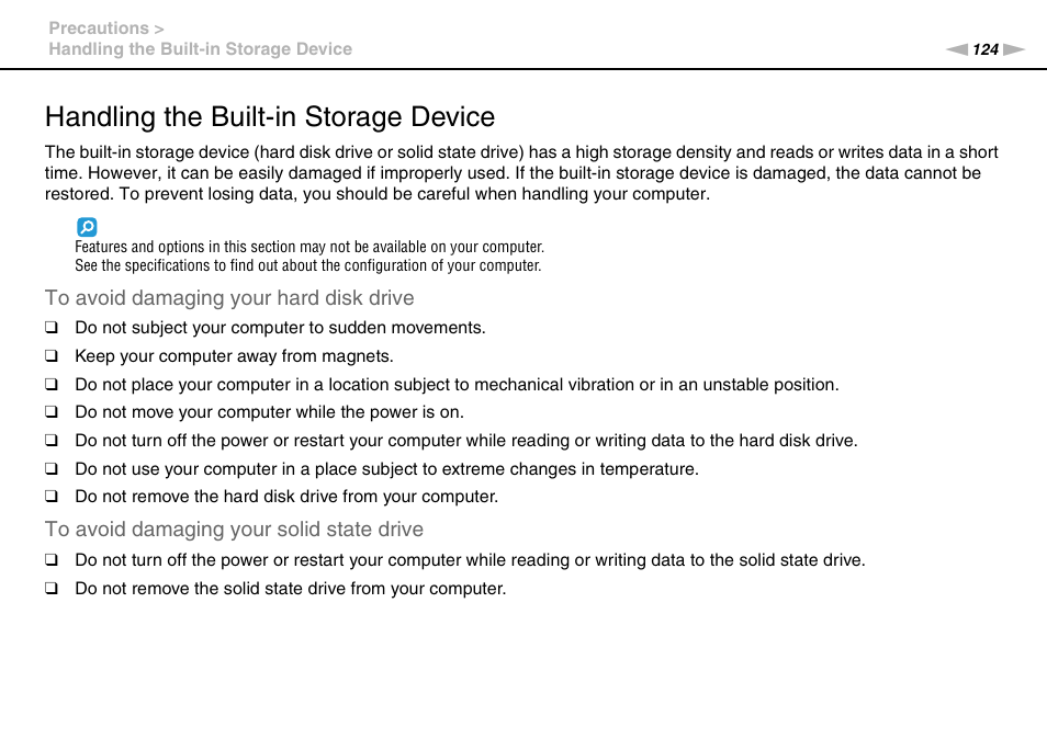 Handling the built-in storage device | Sony VAIO VPCCW1 Series User Manual | Page 124 / 168