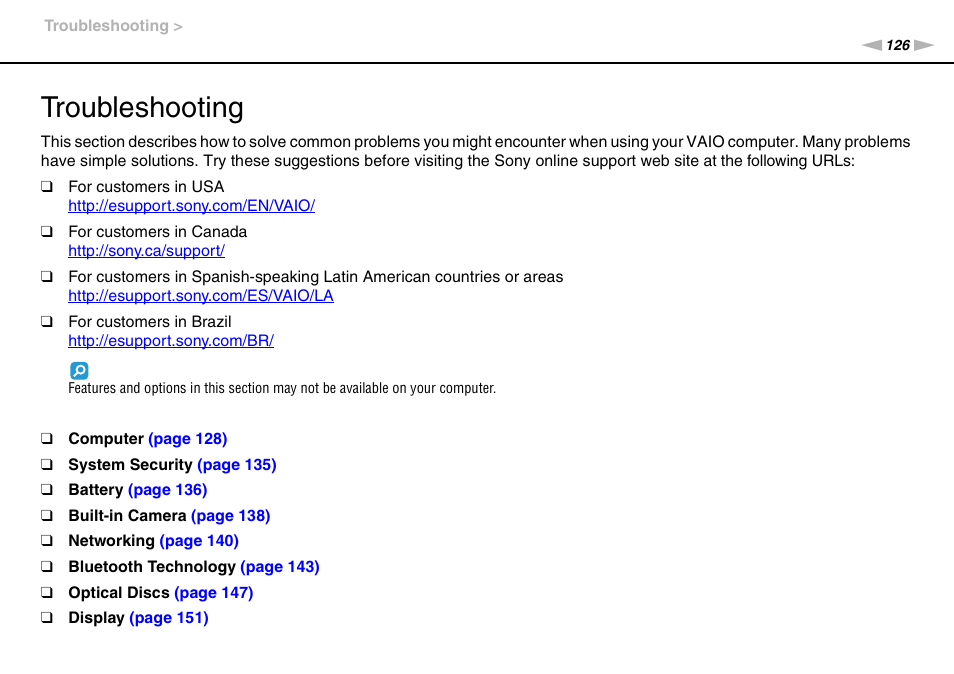 Troubleshooting | Sony VAIO VPCCW1 Series User Manual | Page 126 / 168