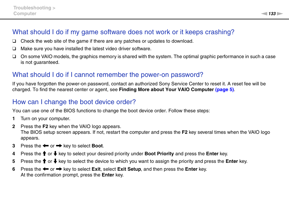 How can i change the boot device order | Sony VAIO VPCCW1 Series User Manual | Page 133 / 168