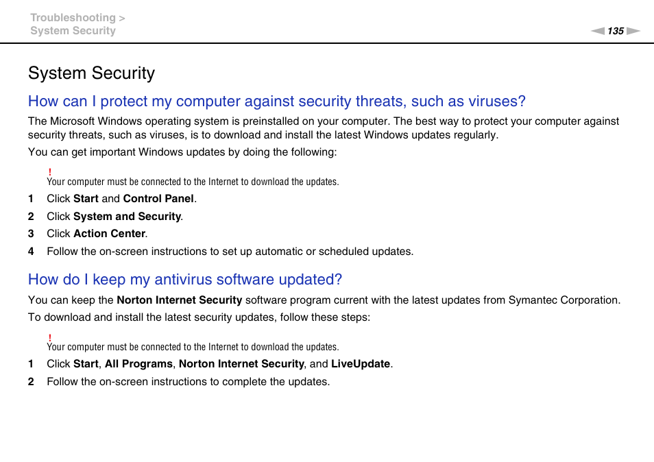 System security, How do i keep my antivirus software updated | Sony VAIO VPCCW1 Series User Manual | Page 135 / 168