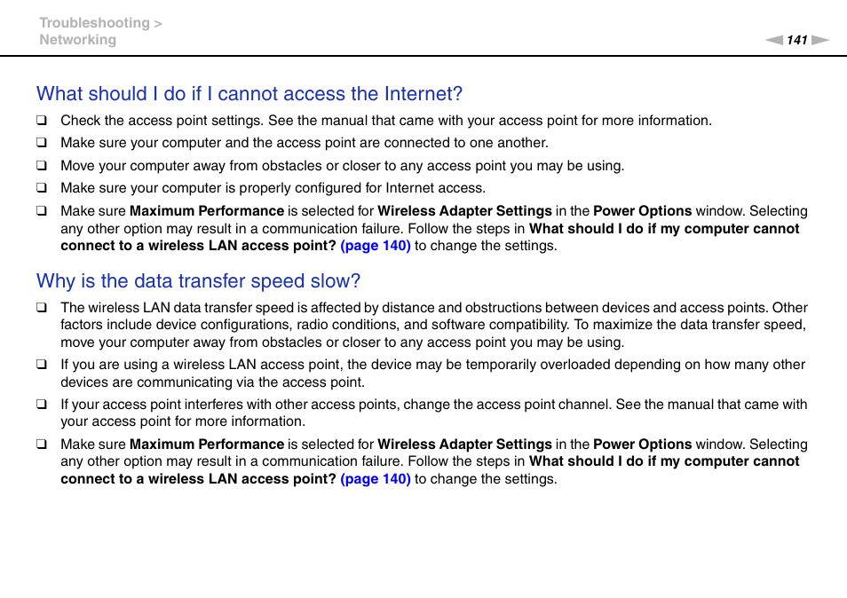 What should i do if i cannot access the internet, Why is the data transfer speed slow | Sony VAIO VPCCW1 Series User Manual | Page 141 / 168