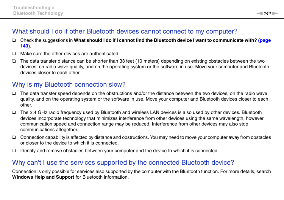 Why is my bluetooth connection slow | Sony VAIO VPCCW1 Series User Manual | Page 144 / 168