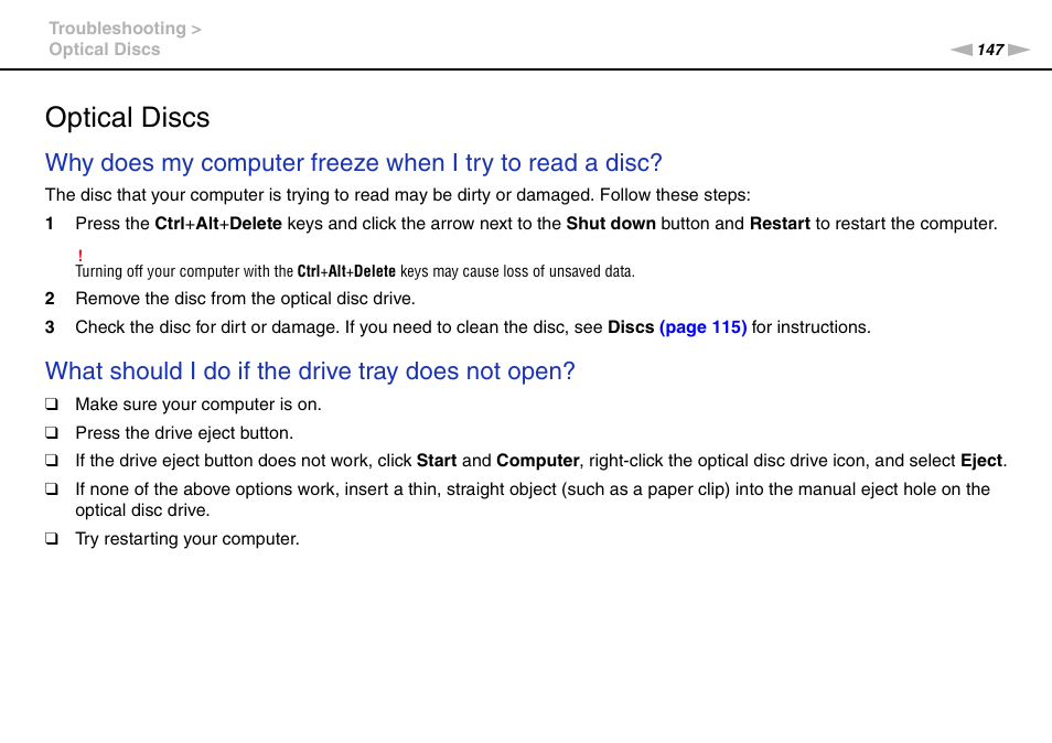 Optical discs, What should i do if the drive tray does not open | Sony VAIO VPCCW1 Series User Manual | Page 147 / 168