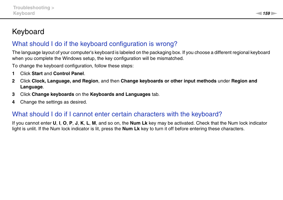 Keyboard | Sony VAIO VPCCW1 Series User Manual | Page 159 / 168