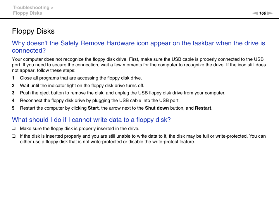 Floppy disks | Sony VAIO VPCCW1 Series User Manual | Page 160 / 168