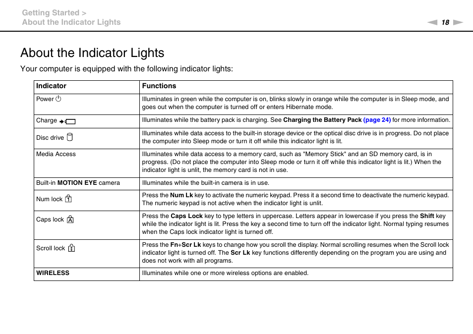 About the indicator lights | Sony VAIO VPCCW1 Series User Manual | Page 18 / 168