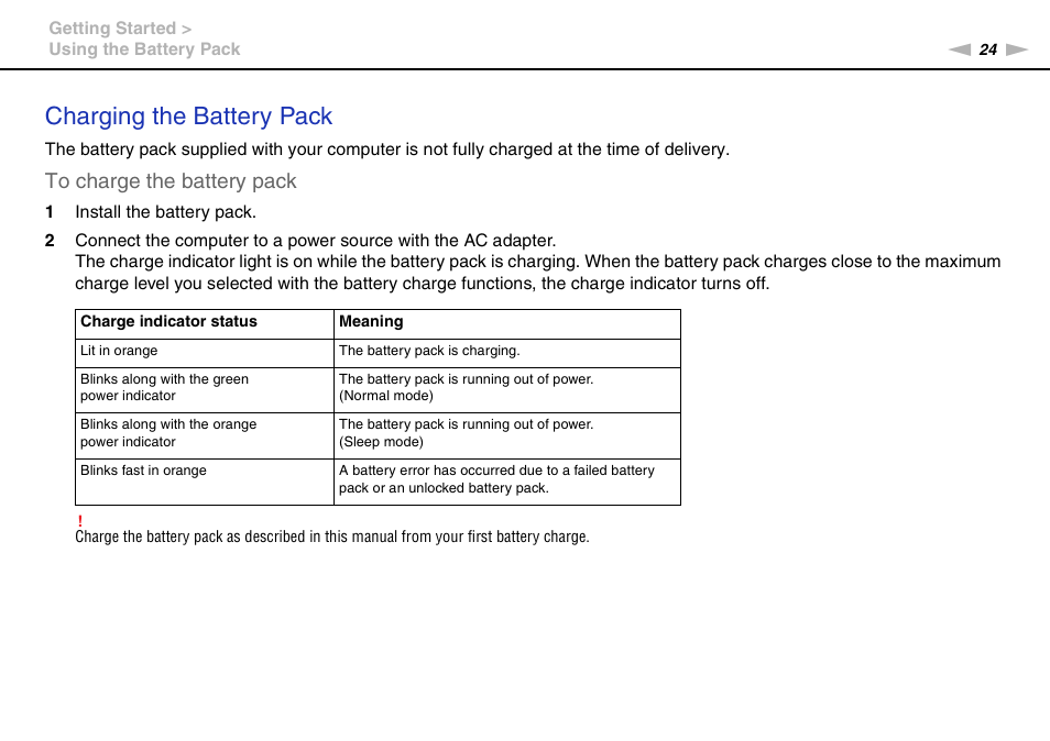 Charging the battery pack | Sony VAIO VPCCW1 Series User Manual | Page 24 / 168