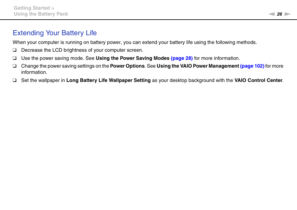 Extending your battery life | Sony VAIO VPCCW1 Series User Manual | Page 26 / 168