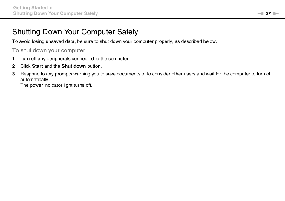 Shutting down your computer safely | Sony VAIO VPCCW1 Series User Manual | Page 27 / 168