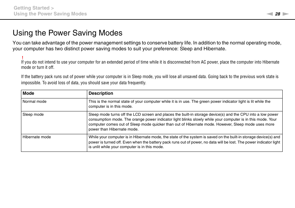 Using the power saving modes | Sony VAIO VPCCW1 Series User Manual | Page 28 / 168