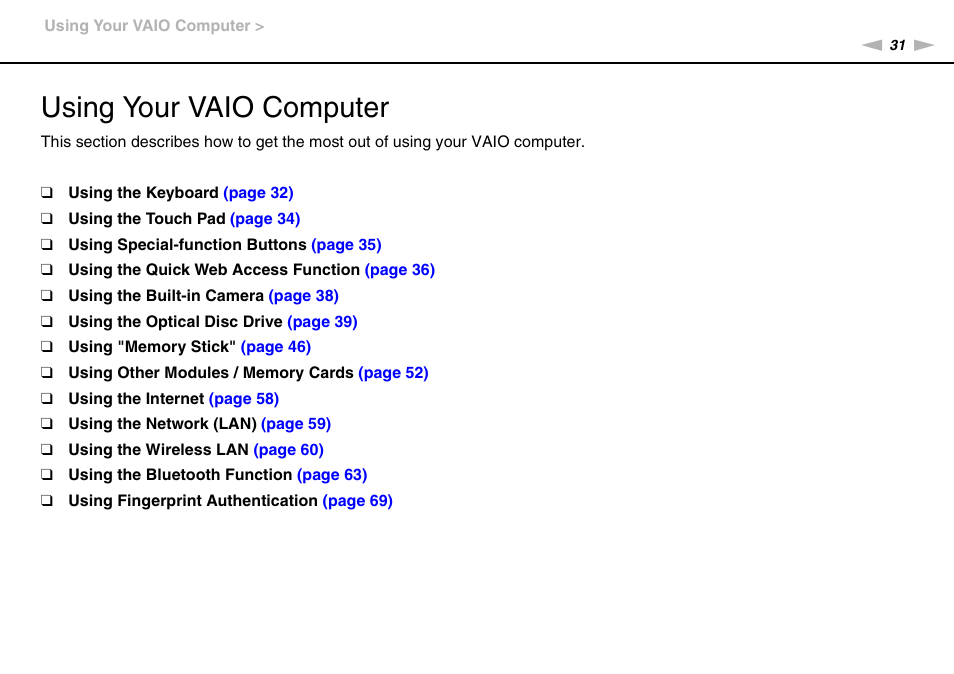 Using your vaio computer | Sony VAIO VPCCW1 Series User Manual | Page 31 / 168