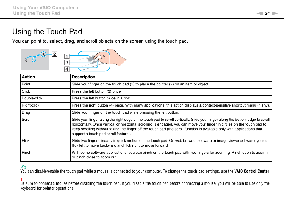 Using the touch pad | Sony VAIO VPCCW1 Series User Manual | Page 34 / 168